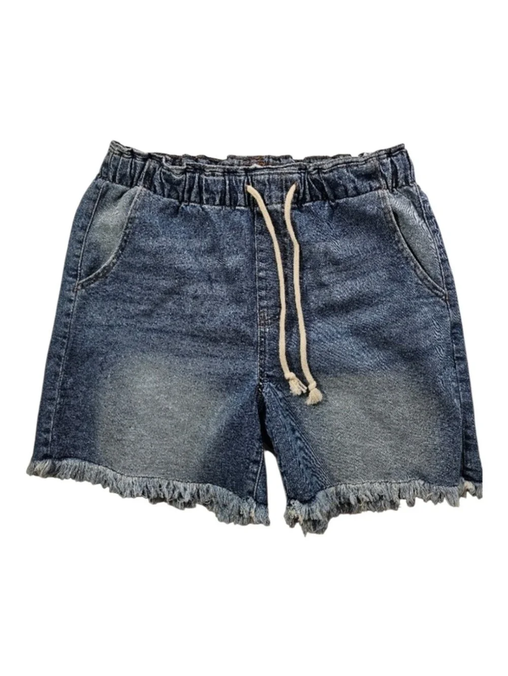 Celebrity Pink Ultra High Rise‎ Drawstring Pull On Raw Hem Blue Denim Short Sz M